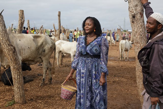 Chef Binta walking through a cattle market in an elegant blue dress, animals and traders around her.